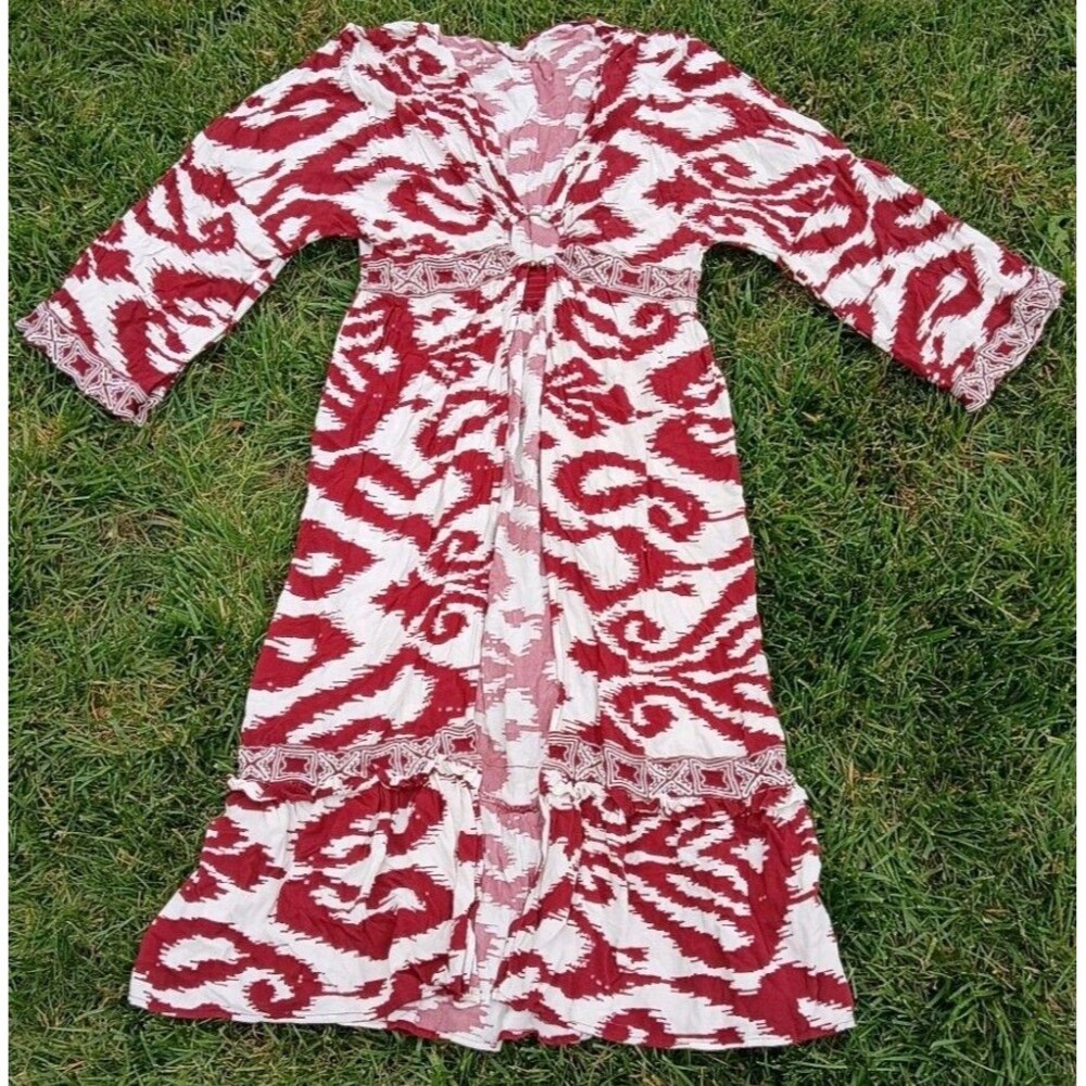 Quiet Luxury Embroidered Duster Ikat Maxi Beach Dress Red & White Boho M/L
